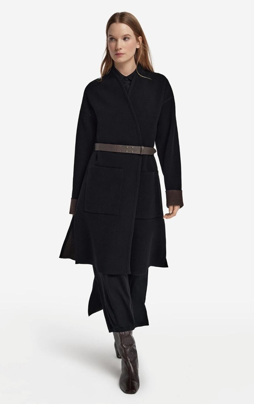 Falconeri Manteau Black Wool Boucle Shawl Collared Belted Wrap Coat Blazer Sz S